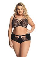 Soft cup bra, sheer mesh, straps over bust, eyelash lace, D to M-cup